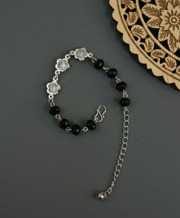 Silver Plated American Diamond Black Crystal Bracelet for Women | Adjustable Chain Bracelet | Brass & Steel Jewellery | B-35