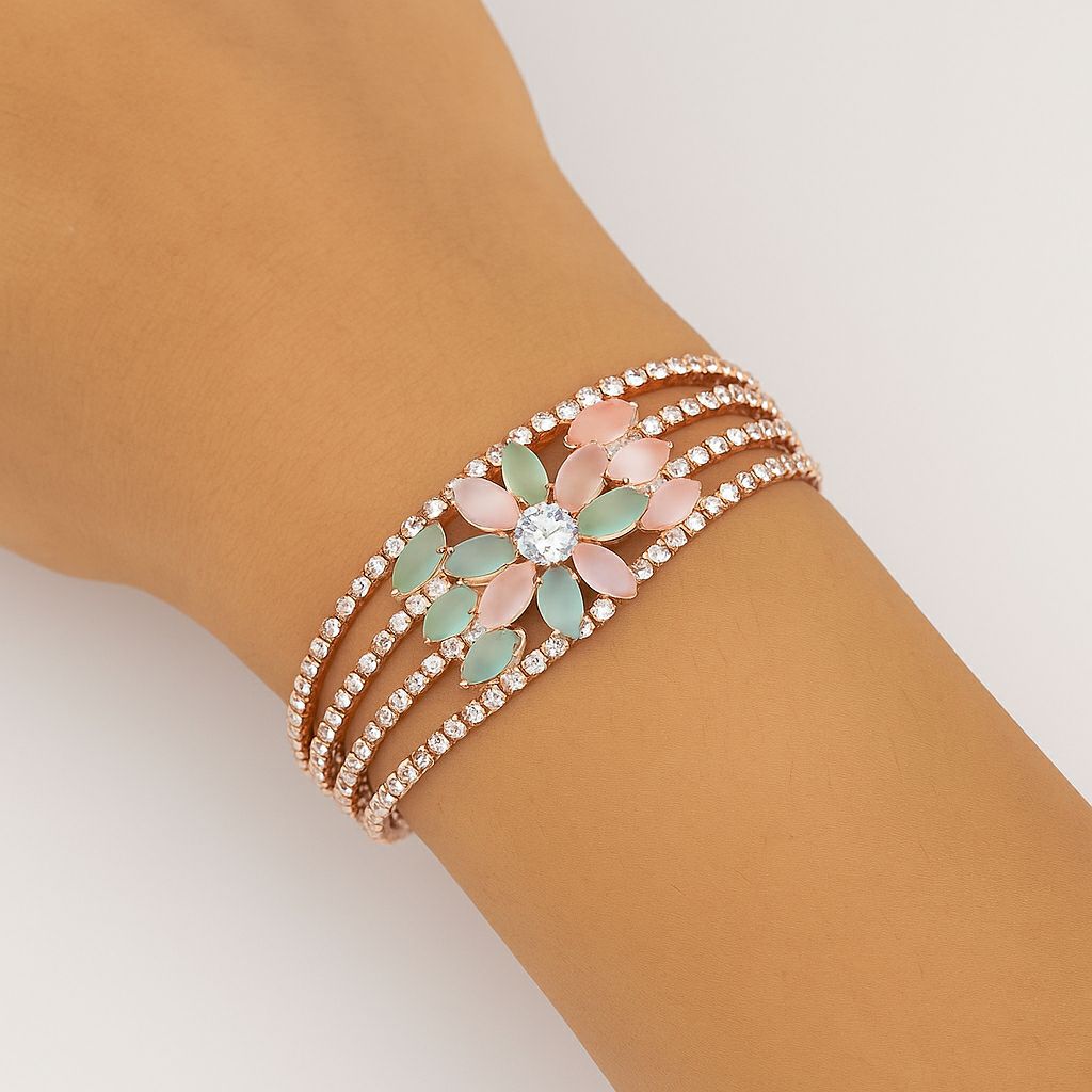 Rose Gold Plated American Diamond Flower Bracelet for Women | Adjustable Floral Bracelet | Elegant Party Wear Jewellery | B-9
