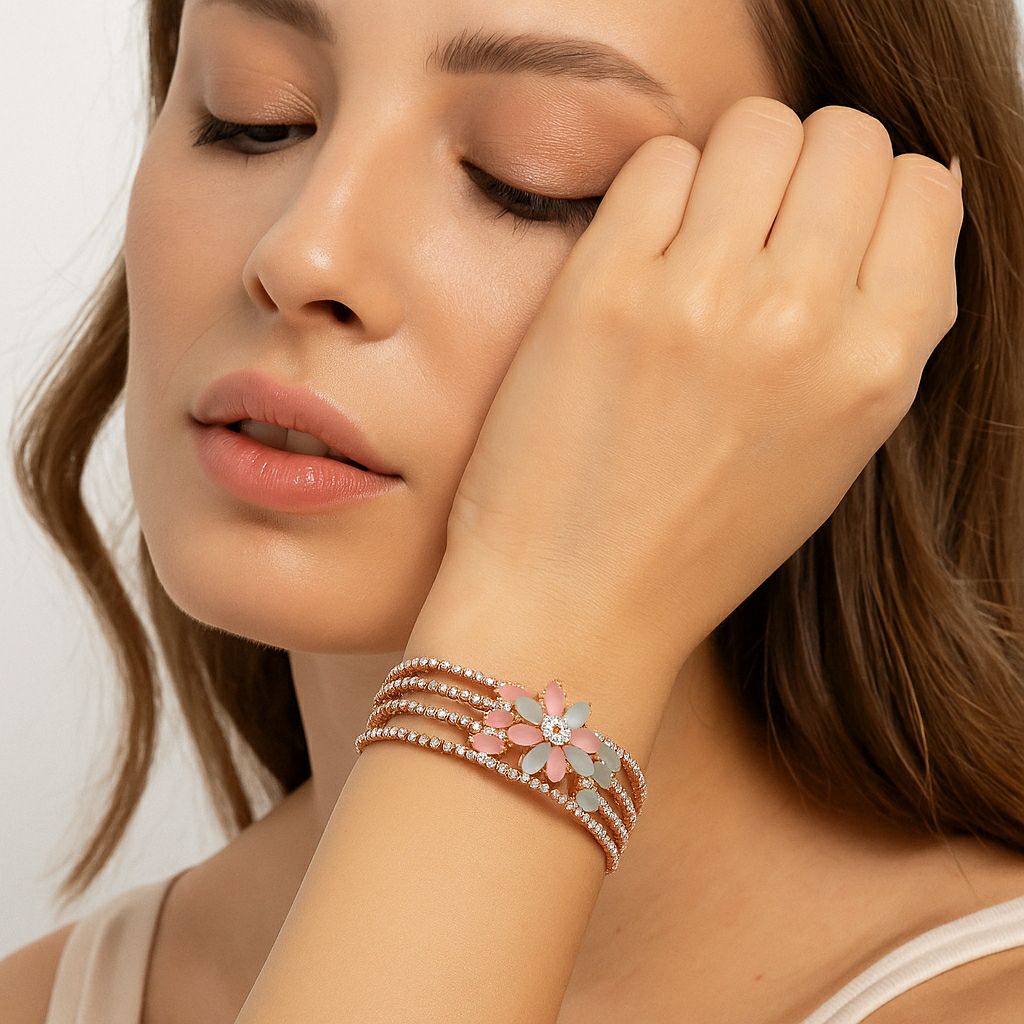 Rose Gold Plated American Diamond Flower Bracelet for Women | Adjustable Floral Bracelet | Elegant Party Wear Jewellery | B-9