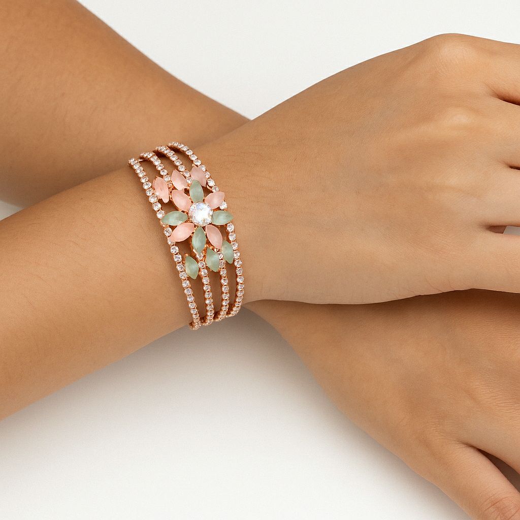 Rose Gold Plated American Diamond Flower Bracelet for Women | Adjustable Floral Bracelet | Elegant Party Wear Jewellery | B-9