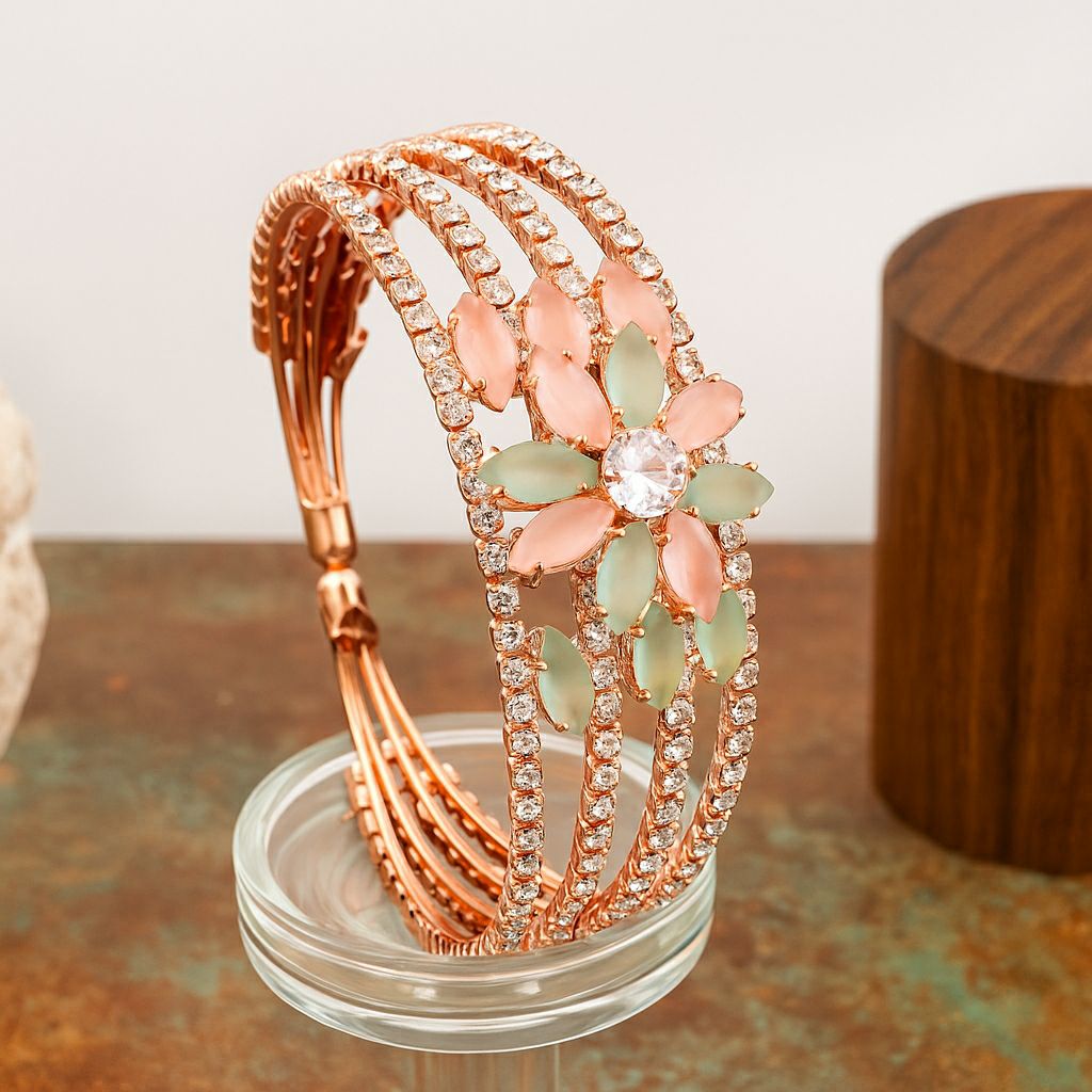 Rose Gold Plated American Diamond Flower Bracelet for Women | Adjustable Floral Bracelet | Elegant Party Wear Jewellery | B-9
