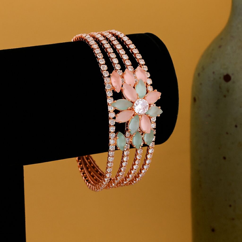 Rose Gold Plated American Diamond Flower Bracelet for Women | Adjustable Floral Bracelet | Elegant Party Wear Jewellery | B-9