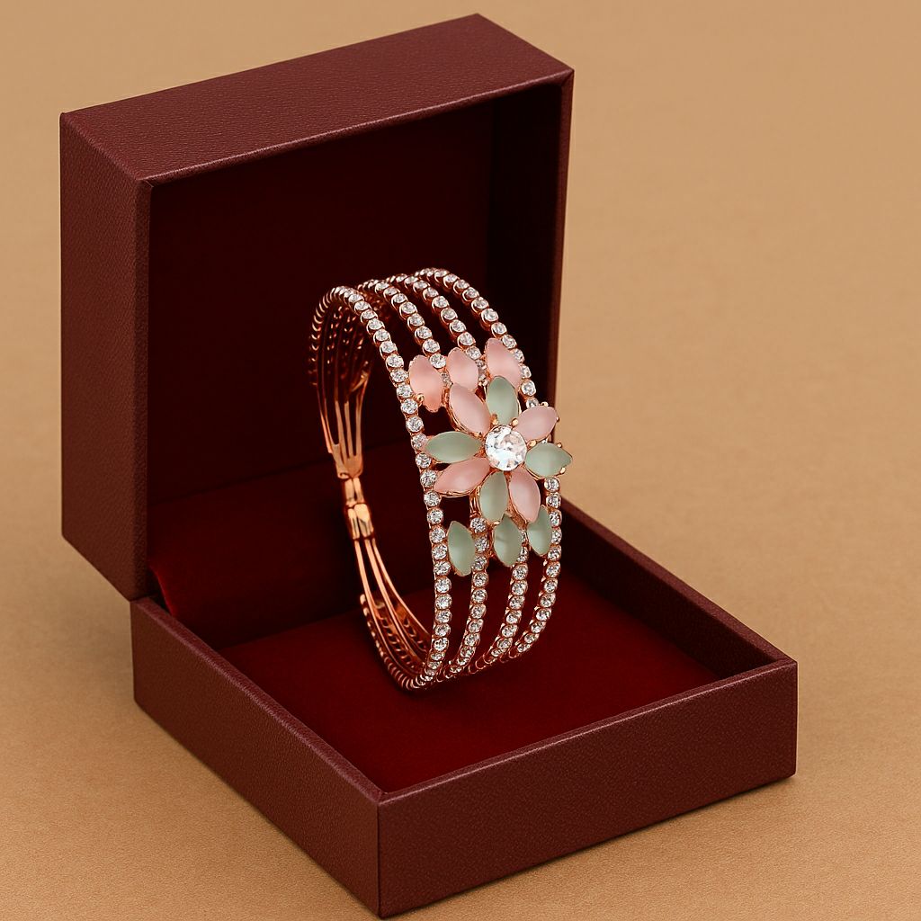 Rose Gold Plated American Diamond Flower Bracelet for Women | Adjustable Floral Bracelet | Elegant Party Wear Jewellery | B-9