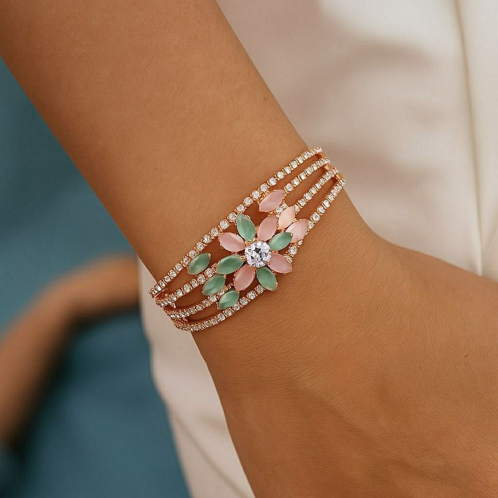 Rose Gold Plated American Diamond Flower Bracelet for Women | Adjustable Floral Bracelet | Elegant Party Wear Jewellery | B-9