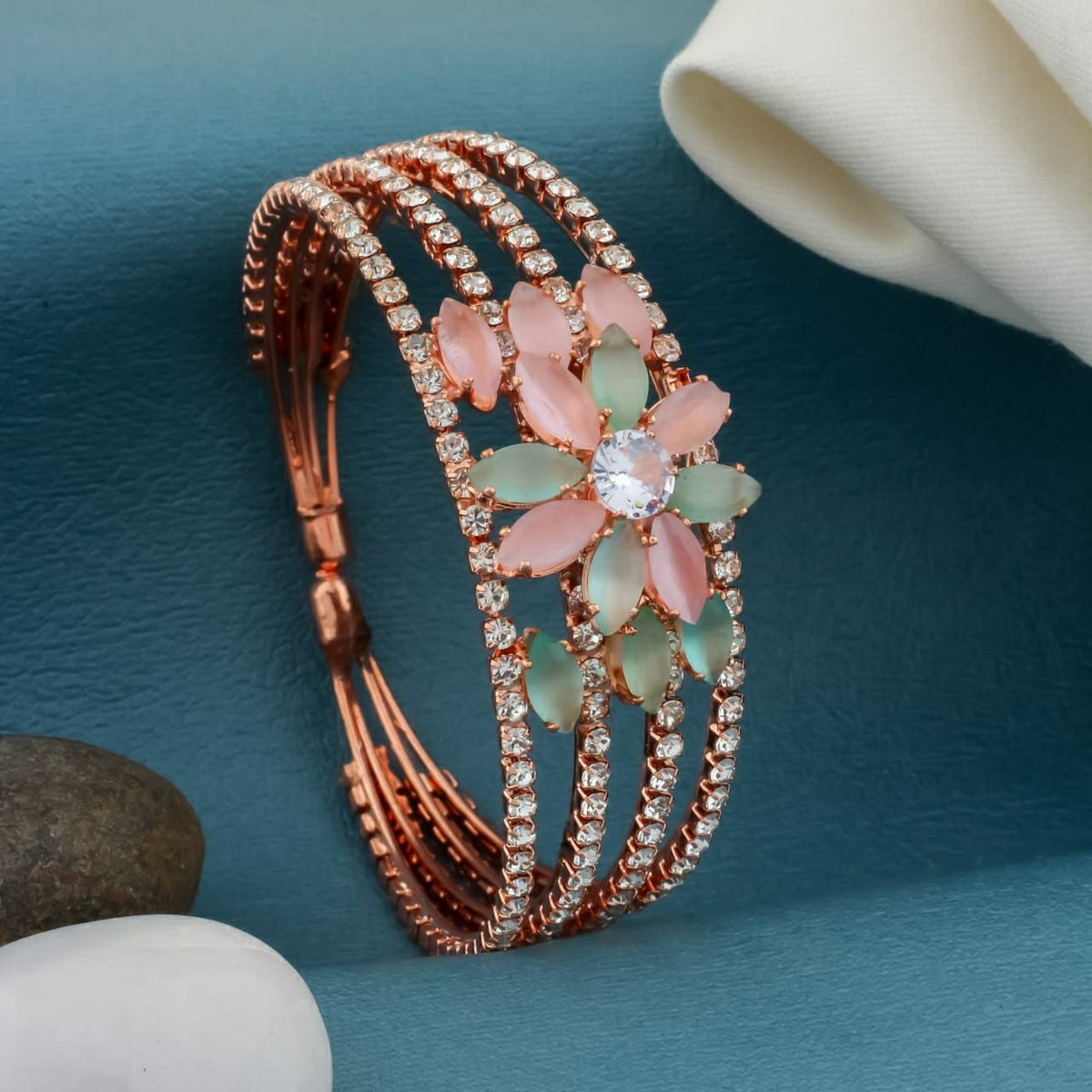 Rose Gold Plated American Diamond Flower Bracelet for Women | Adjustable Floral Bracelet | Elegant Party Wear Jewellery | B-9
