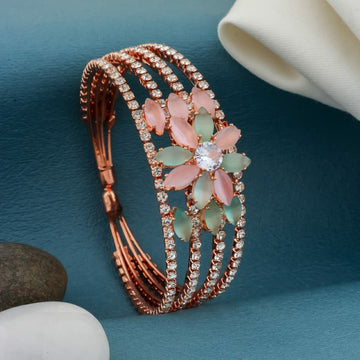 Rose Gold Plated American Diamond Flower Bracelet for Women | Adjustable Floral Bracelet | Elegant Party Wear Jewellery | B-9