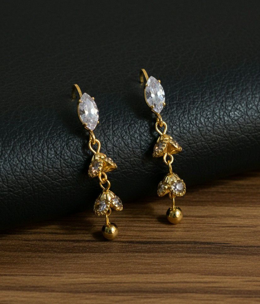 Gold Plated American Diamond Latkan Earrings for Women | Big Drop Jhumka Earrings | Brass Fashion Jewellery | EA-44