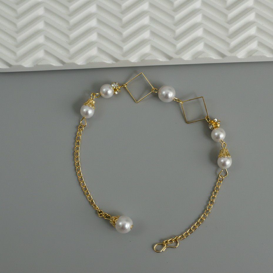 Gold Plated American Diamond Chain Bracelet for Women | Adjustable White Pearl Bracelet | Elegant Fashion Jewellery | B-37
