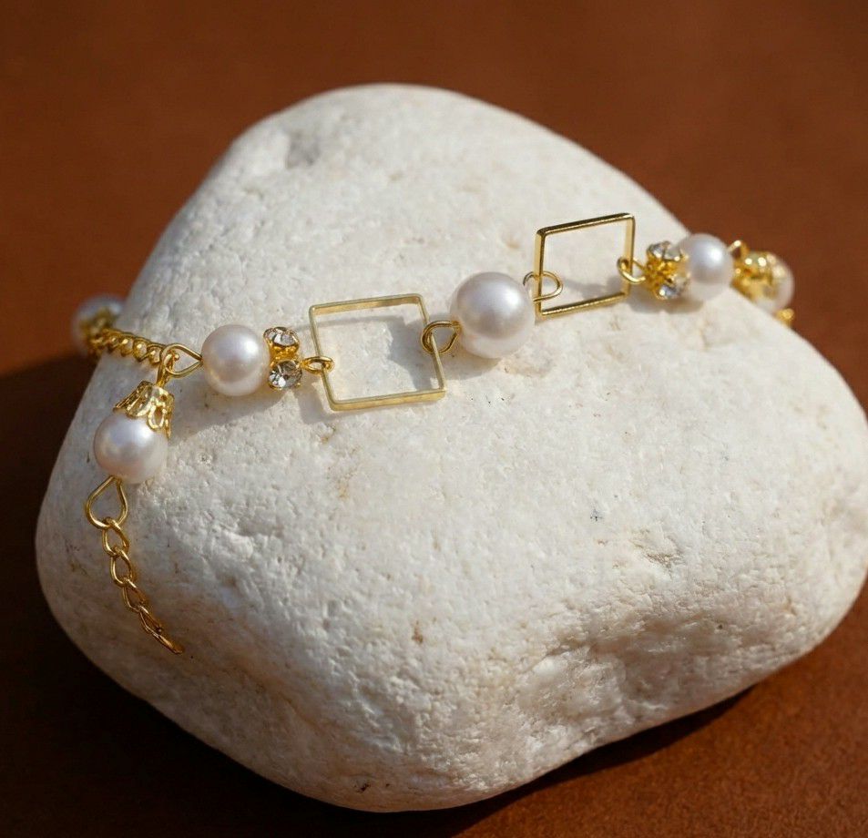 Gold Plated American Diamond Chain Bracelet for Women | Adjustable White Pearl Bracelet | Elegant Fashion Jewellery | B-37