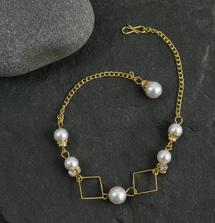 Gold Plated American Diamond Chain Bracelet for Women | Adjustable White Pearl Bracelet | Elegant Fashion Jewellery | B-37
