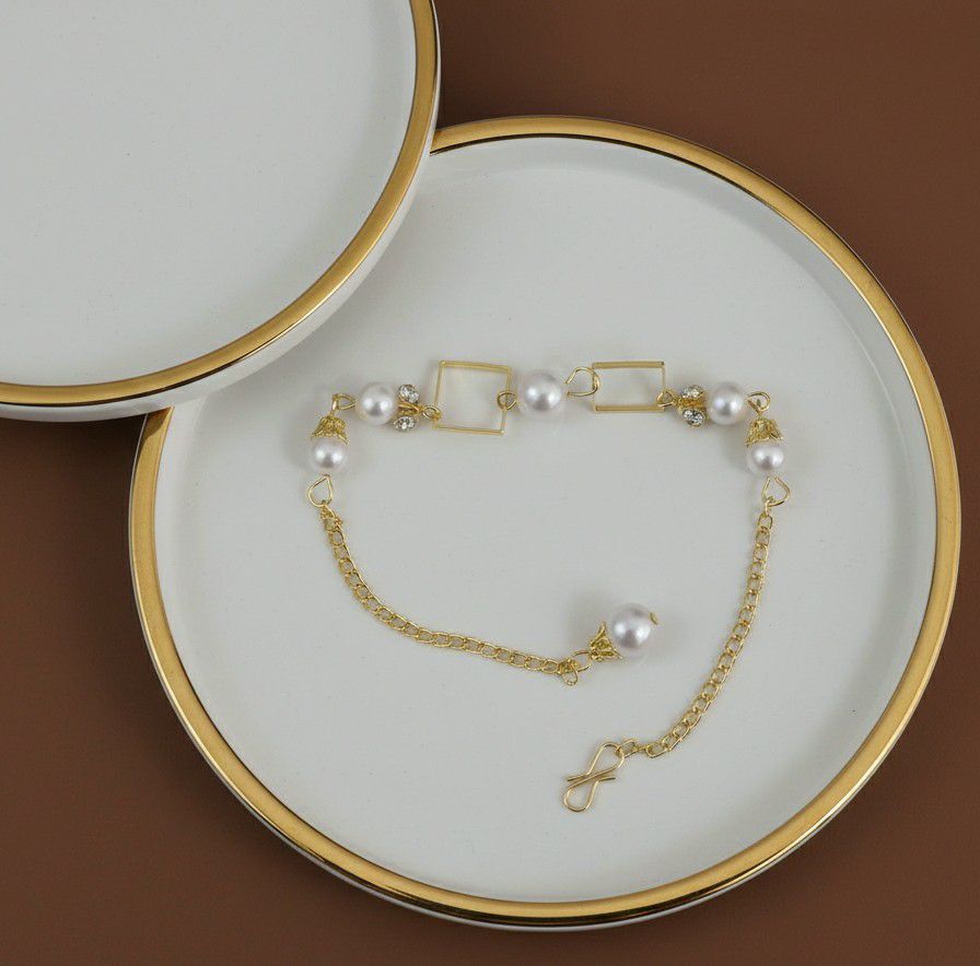 Gold Plated American Diamond Chain Bracelet for Women | Adjustable White Pearl Bracelet | Elegant Fashion Jewellery | B-37