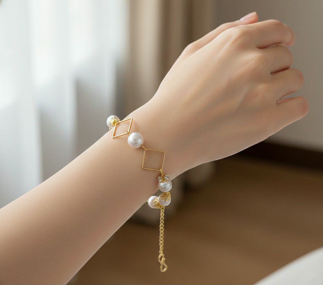 Gold Plated American Diamond Chain Bracelet for Women | Adjustable White Pearl Bracelet | Elegant Fashion Jewellery | B-37
