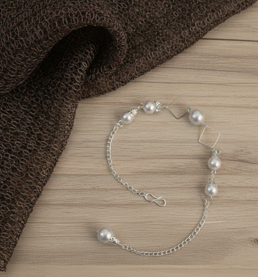 Silver Plated American Diamond Bracelet for Women | Adjustable Chain Bracelet with White Pearl Design | Elegant Fashion Jewellery | B-38