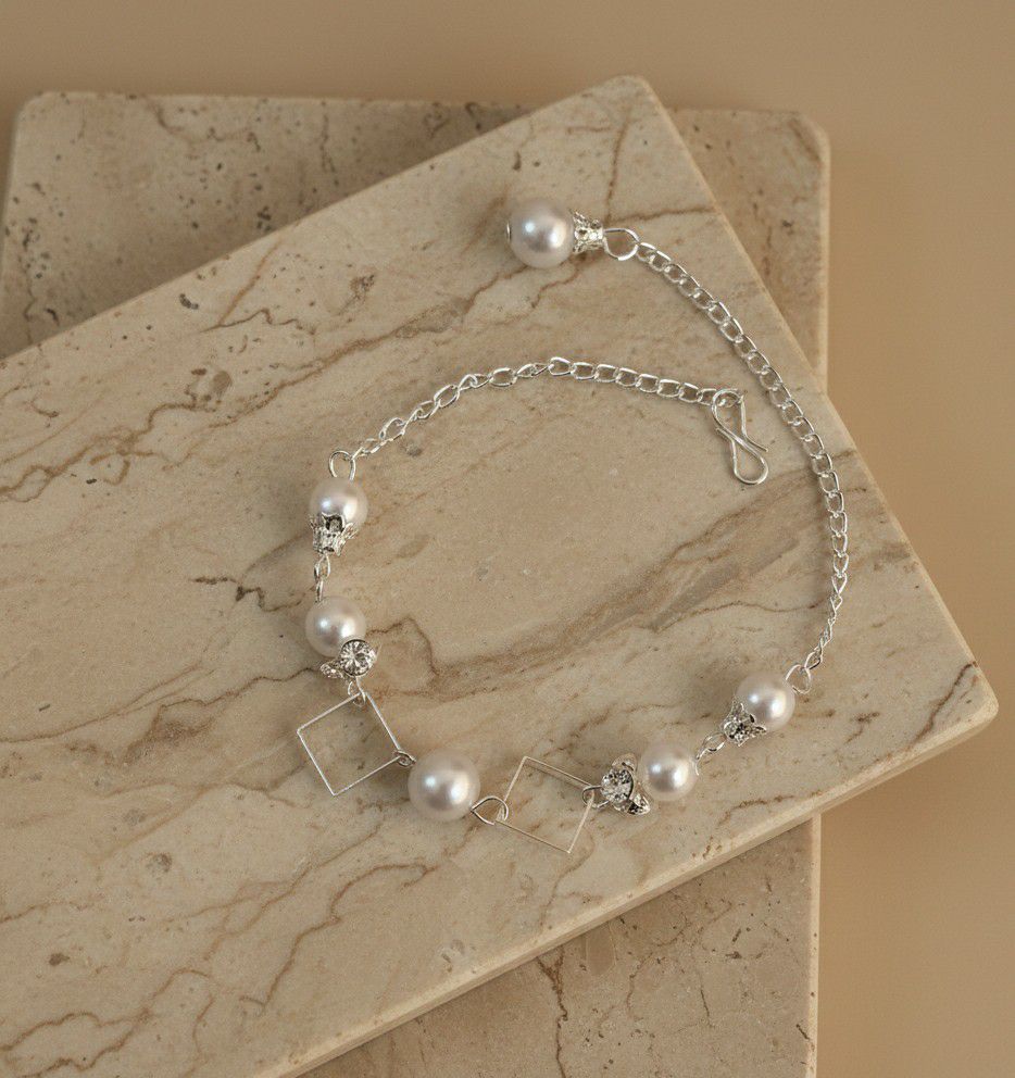 Silver Plated American Diamond Bracelet for Women | Adjustable Chain Bracelet with White Pearl Design | Elegant Fashion Jewellery | B-38