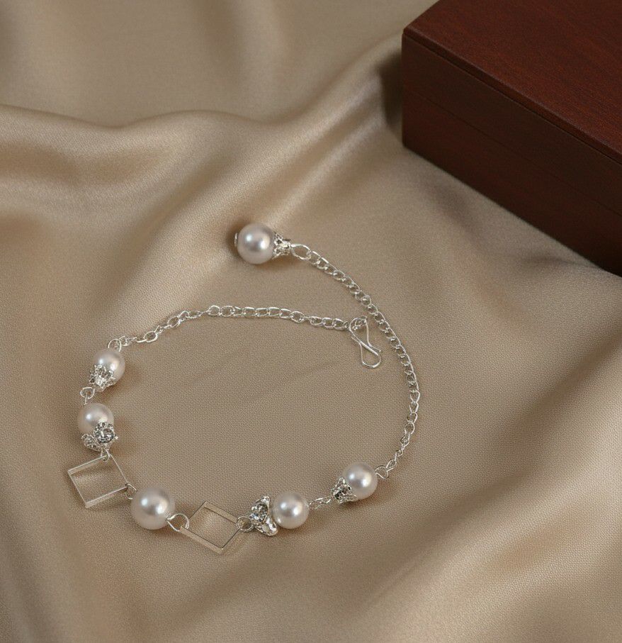 Silver Plated American Diamond Bracelet for Women | Adjustable Chain Bracelet with White Pearl Design | Elegant Fashion Jewellery | B-38