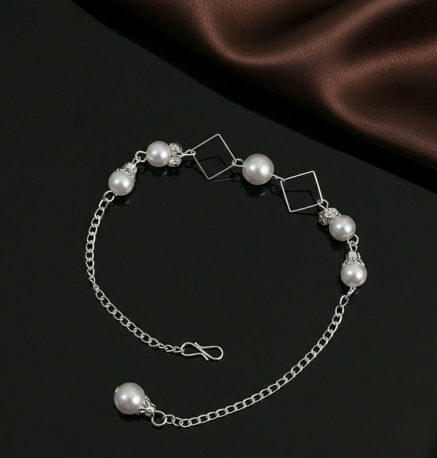 Silver Plated American Diamond Bracelet for Women | Adjustable Chain Bracelet with White Pearl Design | Elegant Fashion Jewellery | B-38