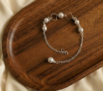 Silver Plated American Diamond Bracelet for Women | Adjustable Chain Bracelet with White Pearl Design | Elegant Fashion Jewellery | B-38