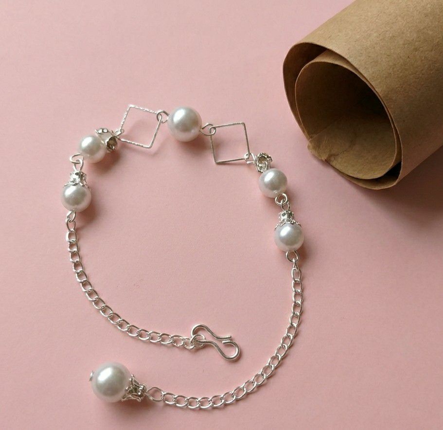 Gold Plated American Diamond Chain Bracelet for Women | Adjustable White Pearl Bracelet | Elegant Fashion Jewellery | B-37