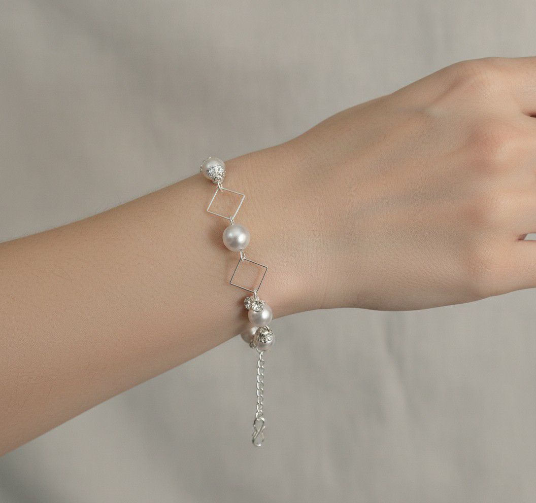 Silver Plated American Diamond Bracelet for Women | Adjustable Chain Bracelet with White Pearl Design | Elegant Fashion Jewellery | B-38