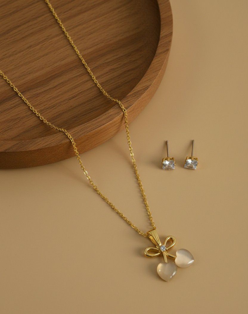 Gold Plated American Diamond Pendant Chain Set for Women | Stylish Chain with Earrings | Brass & Copper Jewellery | CP-51