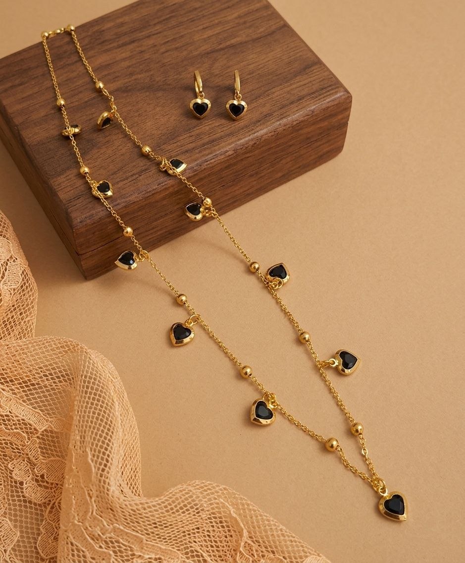 Gold PVD Coated Heart Dokiya Necklace with Earrings | Adjustable Chain Necklace for Women | Stylish Neck Dokiya Set | Imitation Jewellery | N-30