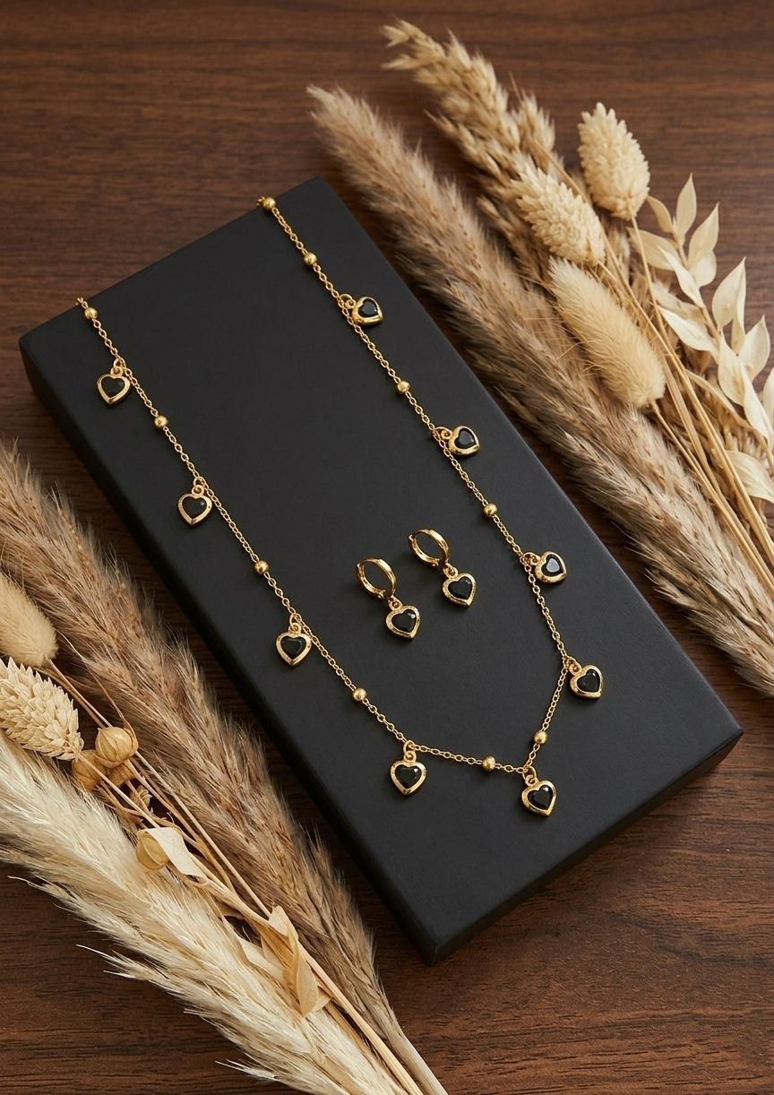 Gold PVD Coated Heart Dokiya Necklace with Earrings | Adjustable Chain Necklace for Women | Stylish Neck Dokiya Set | Imitation Jewellery | N-30