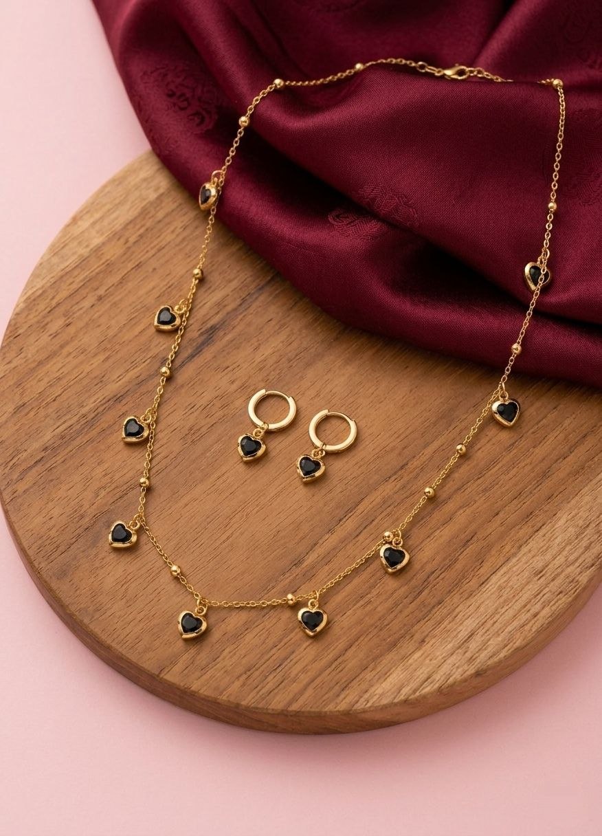 Gold PVD Coated Heart Dokiya Necklace with Earrings | Adjustable Chain Necklace for Women | Stylish Neck Dokiya Set | Imitation Jewellery | N-30