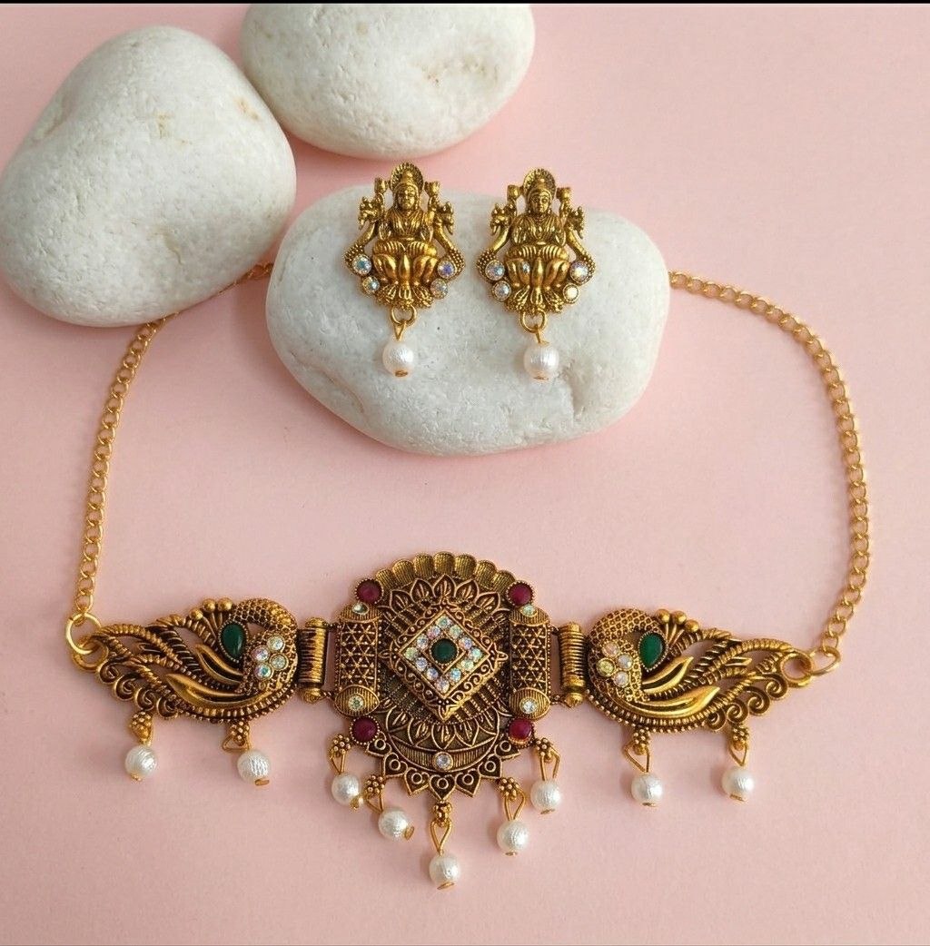 Gold Plated Minakari Temple Jewellery Choker Set with Earrings | Adjustable South Indian Choker Necklace Set | Imitation Jewellery | CH-4