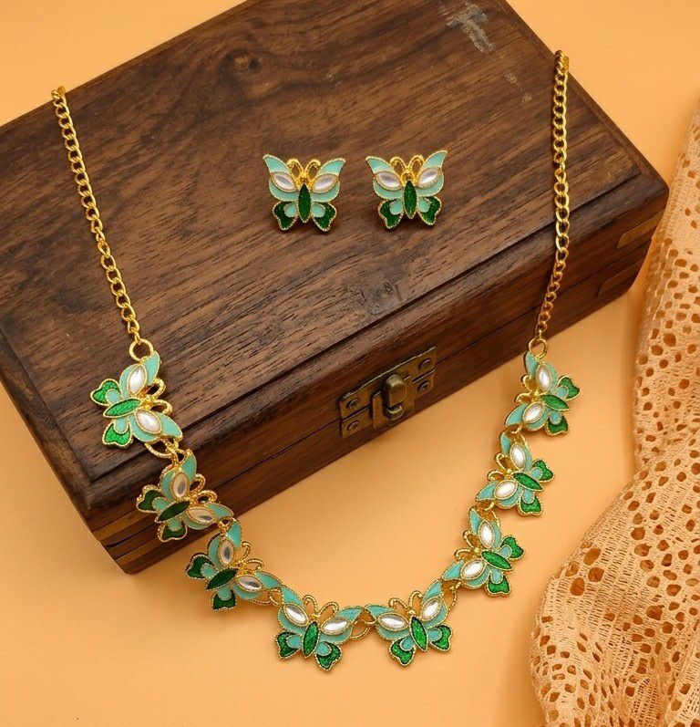 Gold Plated Butterfly Meenakari Necklace Set for Women | Adjustable Chain Necklace with Matching Earrings | Traditional & Western Jewellery  | Imitation Jewellery | N-15