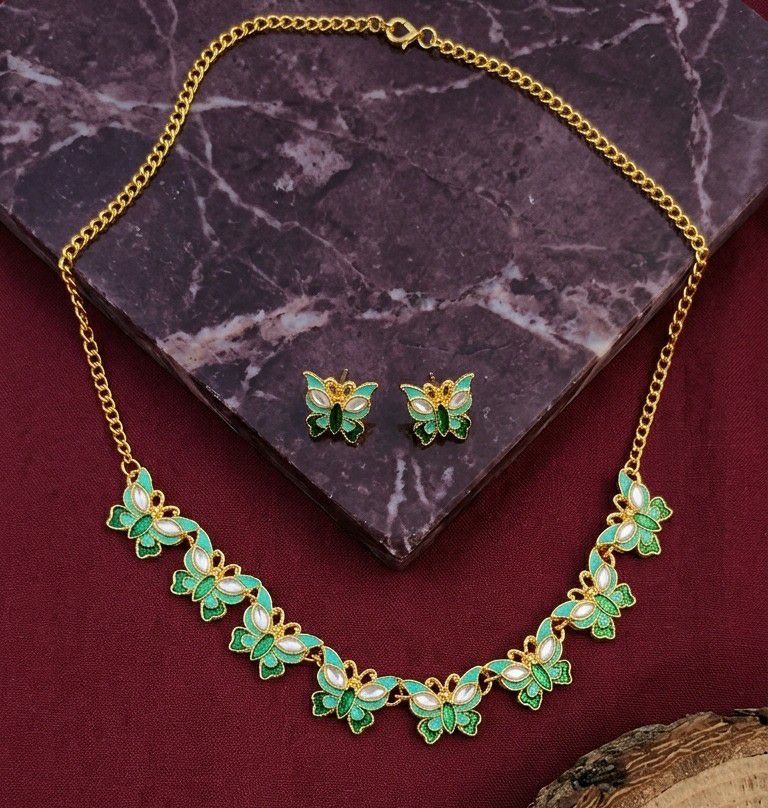 Gold Plated Butterfly Meenakari Necklace Set for Women | Adjustable Chain Necklace with Matching Earrings | Traditional & Western Jewellery  | Imitation Jewellery | N-15