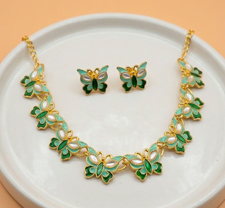 Gold Plated Butterfly Meenakari Necklace Set for Women | Adjustable Chain Necklace with Matching Earrings | Traditional & Western Jewellery  | Imitation Jewellery | N-15