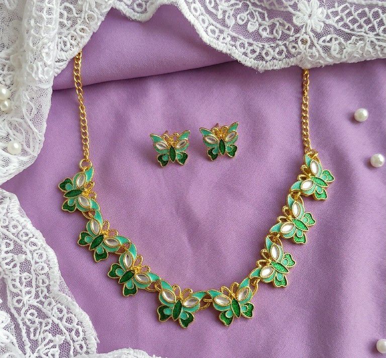 Gold Plated Butterfly Meenakari Necklace Set for Women | Adjustable Chain Necklace with Matching Earrings | Traditional & Western Jewellery  | Imitation Jewellery | N-15