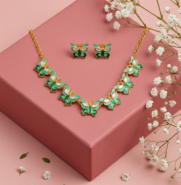 Gold Plated Butterfly Meenakari Necklace Set for Women | Adjustable Chain Necklace with Matching Earrings | Traditional & Western Jewellery  | Imitation Jewellery | N-15