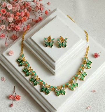 Gold Plated Butterfly Meenakari Necklace Set for Women | Adjustable Chain Necklace with Matching Earrings | Traditional & Western Jewellery  | Imitation Jewellery | N-15