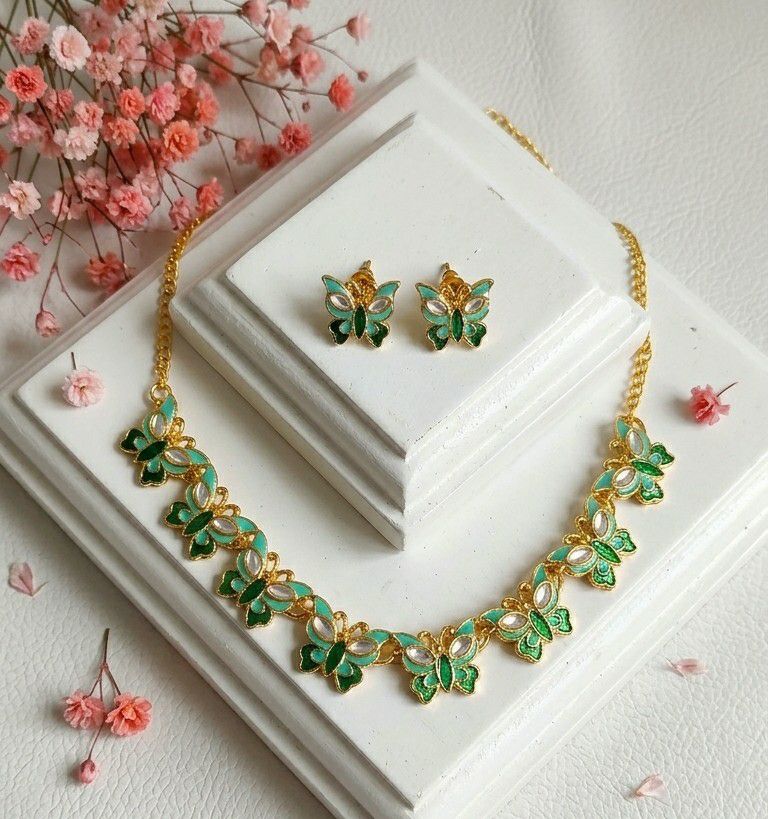 Gold Plated Butterfly Meenakari Necklace Set for Women | Adjustable Chain Necklace with Matching Earrings | Traditional & Western Jewellery  | Imitation Jewellery | N-15