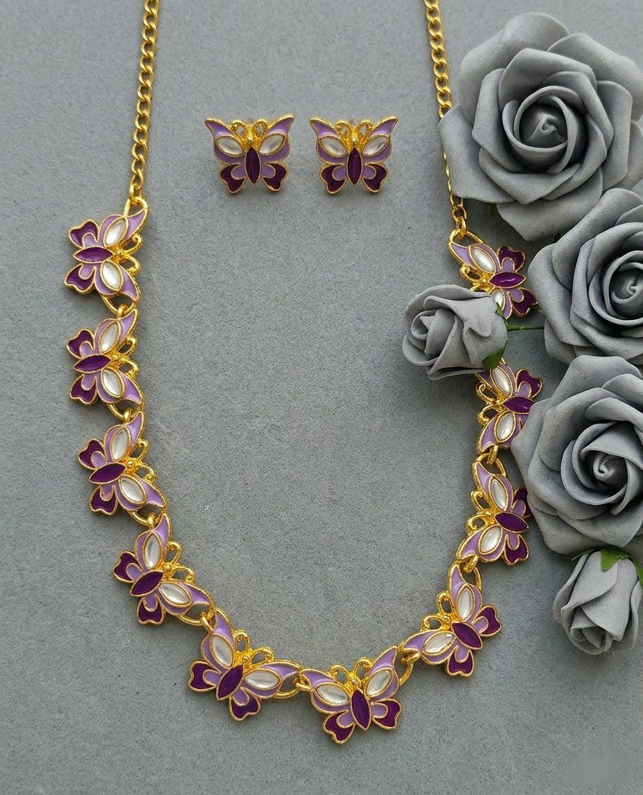 Gold Plated Butterfly Meenakari Necklace Set for Women | Adjustable Butterfly Necklace with Matching Earrings | Traditional & Western Jewellery | N-16
