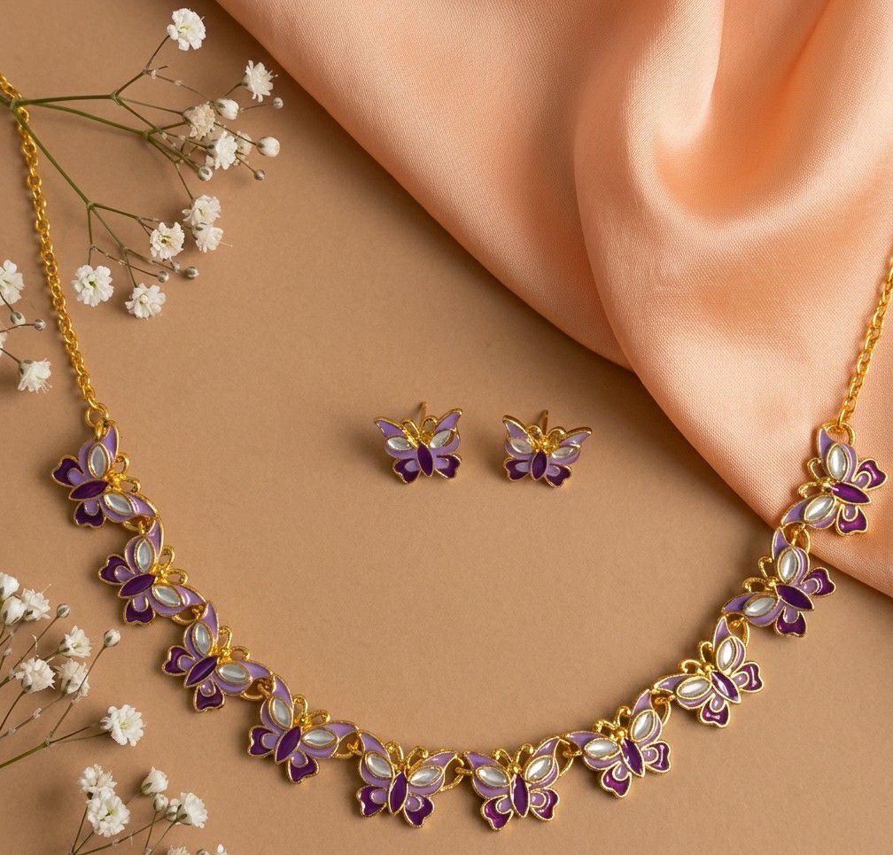 Gold Plated Butterfly Meenakari Necklace Set for Women | Adjustable Butterfly Necklace with Matching Earrings | Traditional & Western Jewellery | N-16