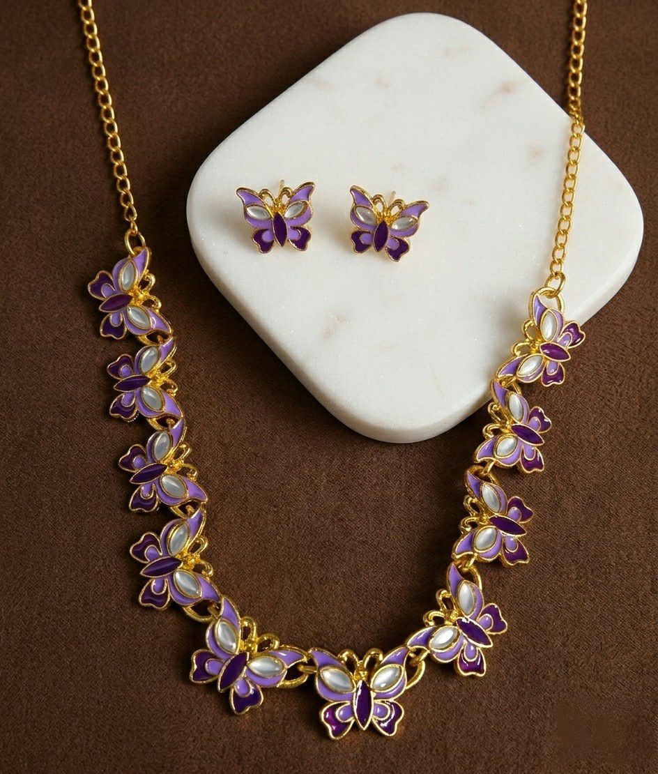 Gold Plated Butterfly Meenakari Necklace Set for Women | Adjustable Butterfly Necklace with Matching Earrings | Traditional & Western Jewellery | N-16