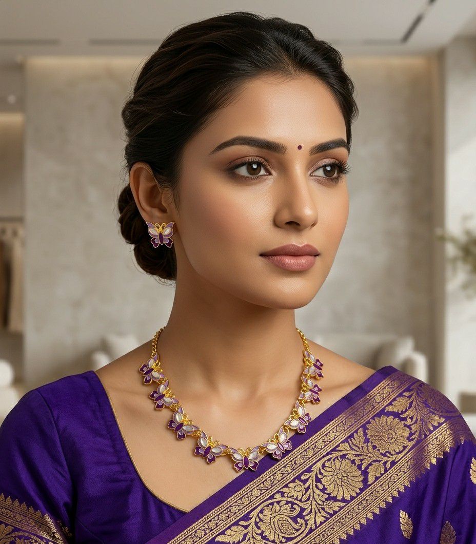 Gold Plated Butterfly Meenakari Necklace Set for Women | Adjustable Butterfly Necklace with Matching Earrings | Traditional & Western Jewellery | N-16