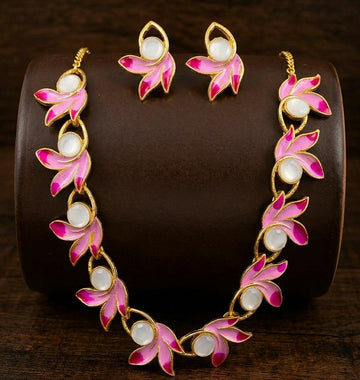Gold Plated Meenakari Flower Necklace Set for Women | Adjustable Chain Necklace with Matching Earrings | Traditional & Western Jewellery | Imitation Jewellery  | N-17