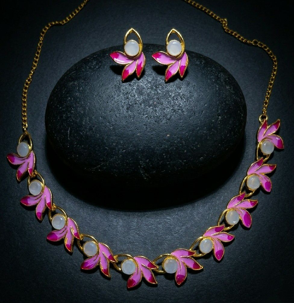 Gold Plated Meenakari Flower Necklace Set for Women | Adjustable Chain Necklace with Matching Earrings | Traditional & Western Jewellery | Imitation Jewellery  | N-17