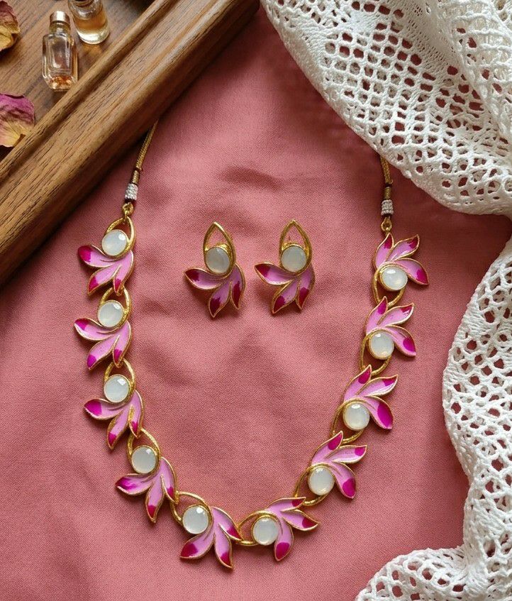 Gold Plated Meenakari Flower Necklace Set for Women | Adjustable Chain Necklace with Matching Earrings | Traditional & Western Jewellery | Imitation Jewellery  | N-17