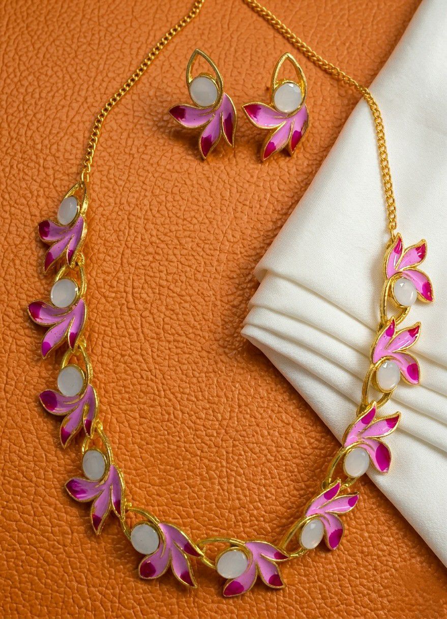 Gold Plated Meenakari Flower Necklace Set for Women | Adjustable Chain Necklace with Matching Earrings | Traditional & Western Jewellery | Imitation Jewellery  | N-17