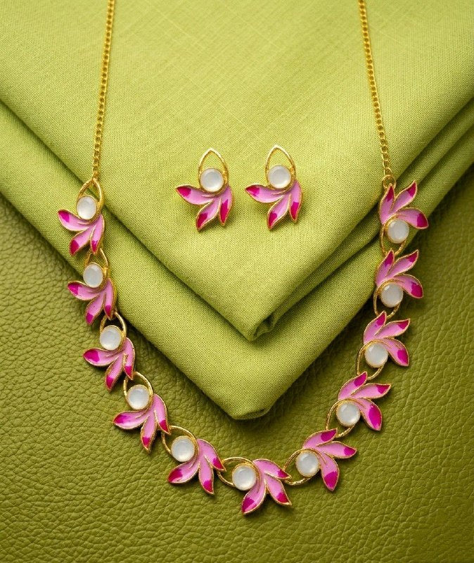 Gold Plated Meenakari Flower Necklace Set for Women | Adjustable Chain Necklace with Matching Earrings | Traditional & Western Jewellery | Imitation Jewellery  | N-17