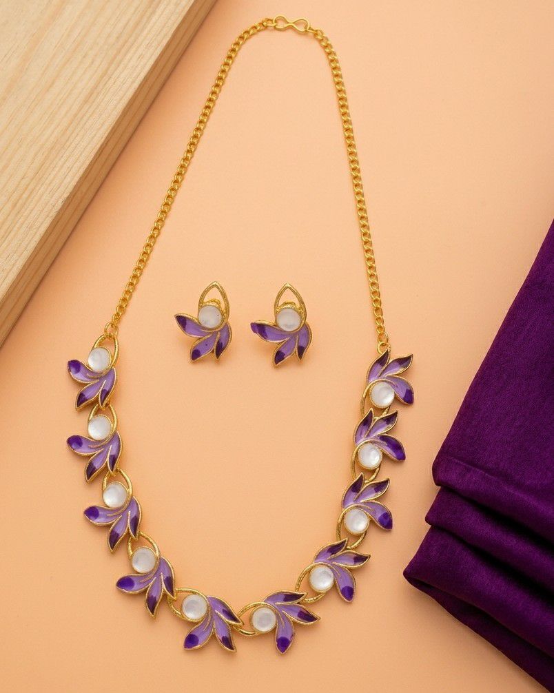 Gold Plated Meenakari Flower Necklace Set for Women | Adjustable Chain Necklace with Matching Earrings | Traditional & Western Jewellery | N-18