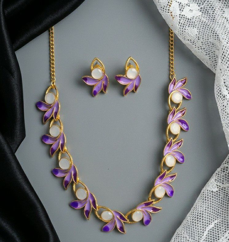 Gold Plated Meenakari Flower Necklace Set for Women | Adjustable Chain Necklace with Matching Earrings | Traditional & Western Jewellery | N-18