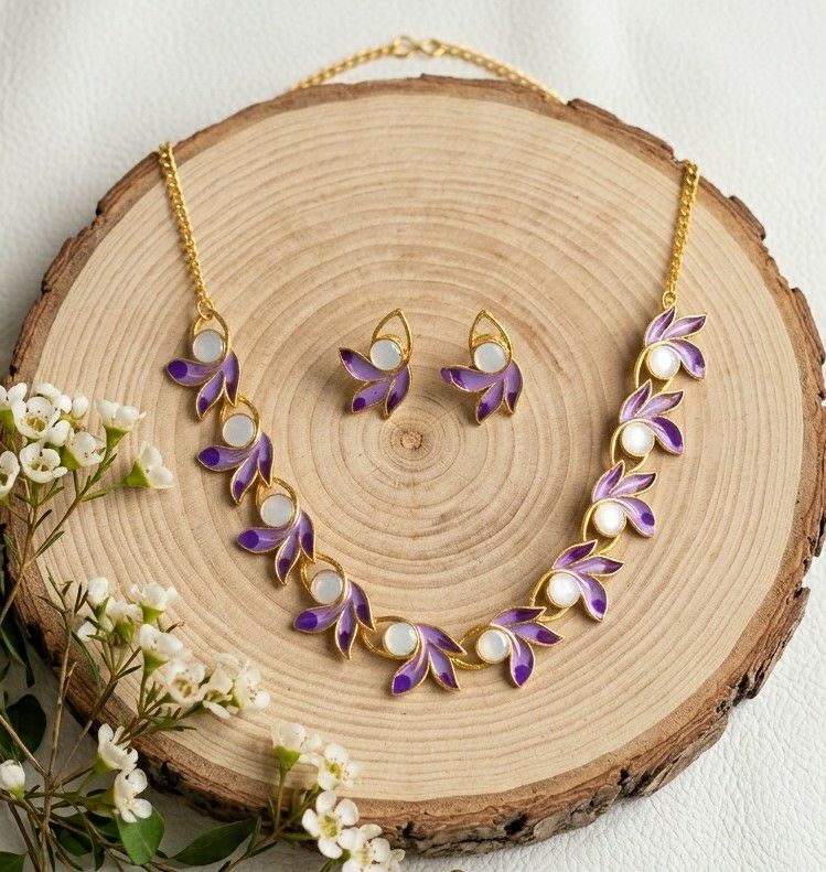 Gold Plated Meenakari Flower Necklace Set for Women | Adjustable Chain Necklace with Matching Earrings | Traditional & Western Jewellery | N-18