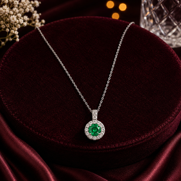 Modern Emerald Green Halo Solitaire Necklace GWN -161